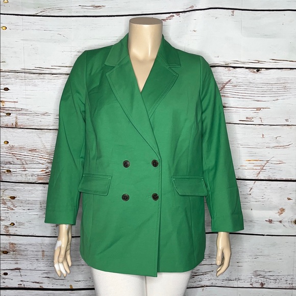 Talbots Plus Size 14W Kelly Green Cotton Blend Double-Breasted Blazer Jacket - Picture 1 of 4